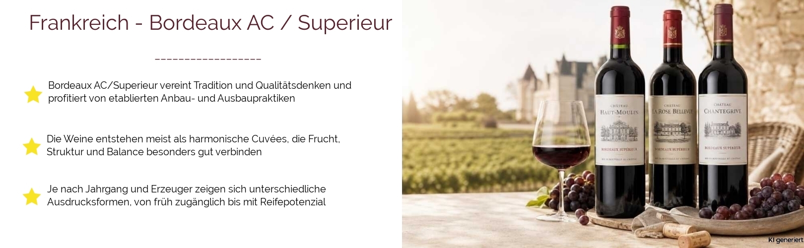 Wein & Spirituosen - aus Frankreich
			in der Region
			Bordeaux
			in der Subregion
			Bordeaux AC / Superieur