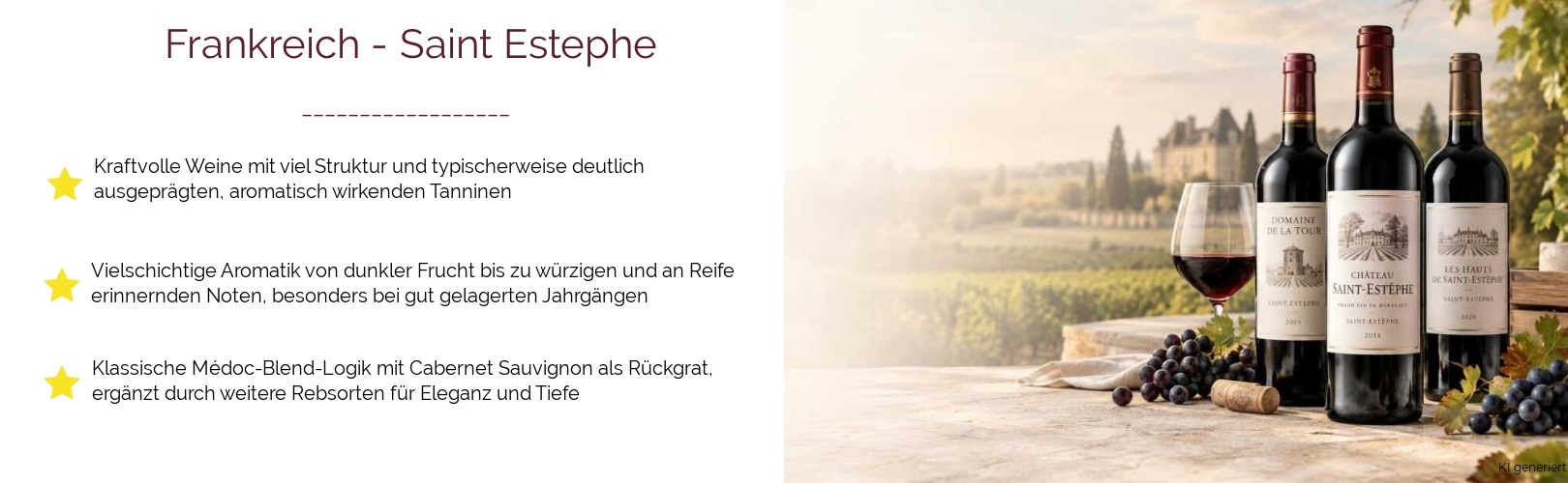 Wein & Spirituosen - aus Frankreich
			in der Region
			Bordeaux
			in der Subregion
			Saint Estephe