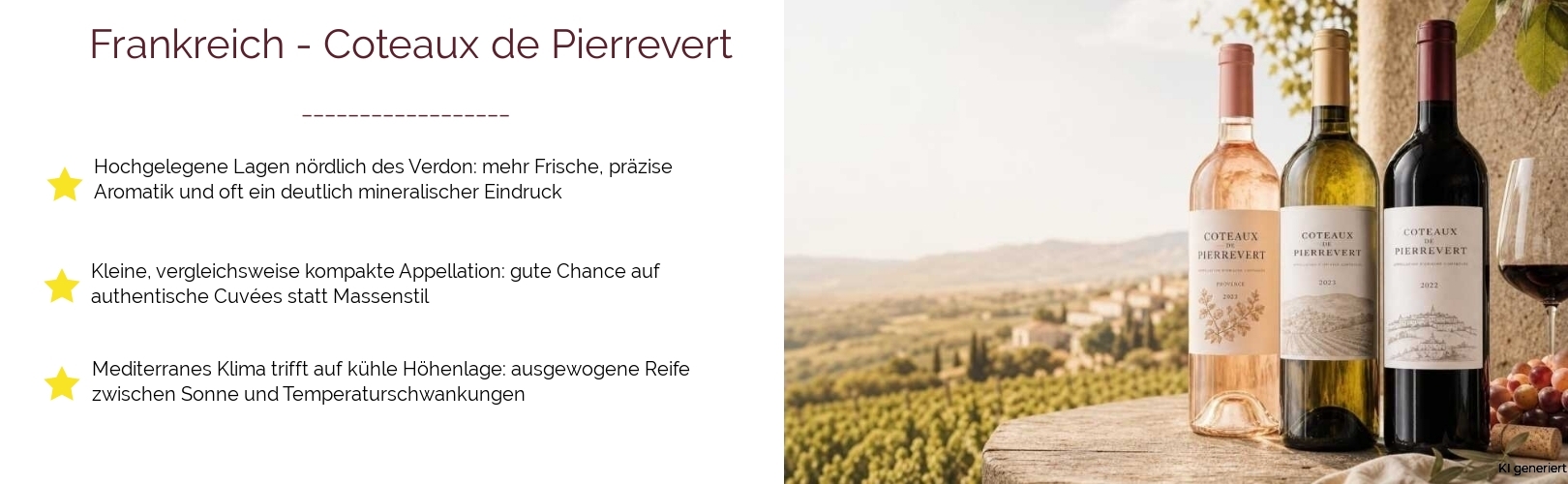 Wein & Spirituosen - aus Frankreich
			in der Region
			Provence
			in der Subregion
			Coteaux de Pierrevert