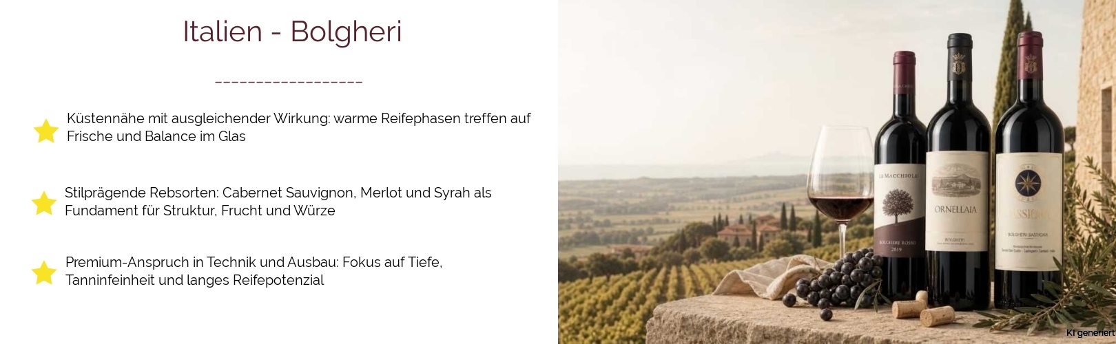 Wein & Spirituosen - aus Italien
			in der Region
			Toskana
			in der Subregion
			Bolgheri