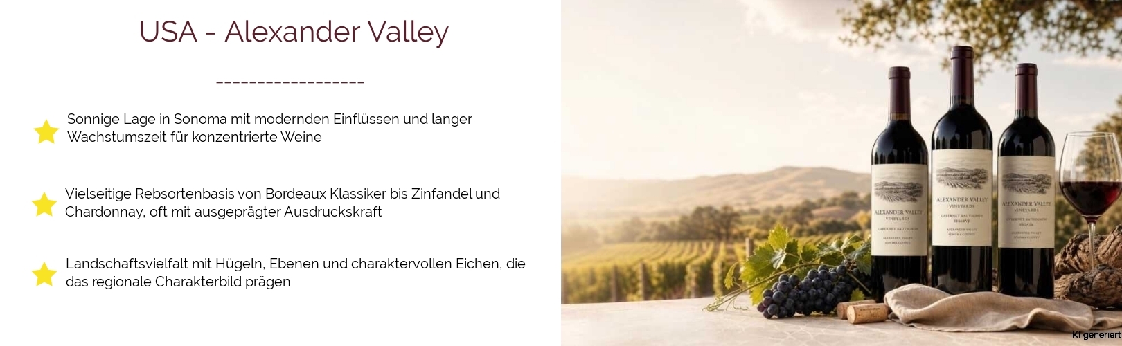 Wein & Spirituosen - aus USA
			in der Region
			Kalifornien / California
			in der Subregion
			Alexander Valley