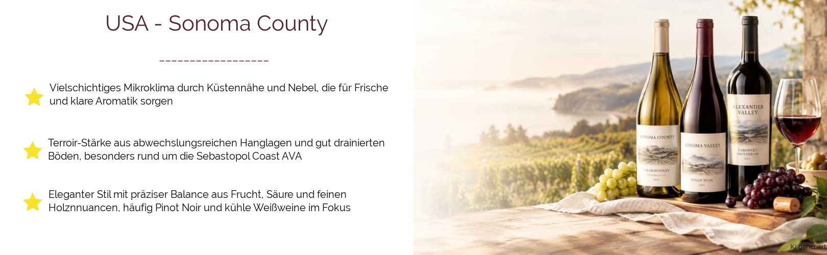 Wein & Spirituosen - aus USA
			in der Region
			Kalifornien / California
			in der Subregion
			Sonoma County