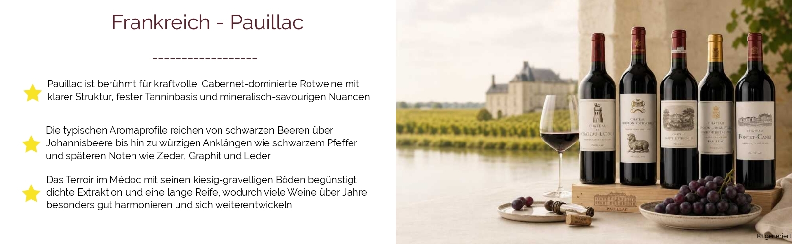 Wein & Spirituosen - aus Frankreich
			in der Region
			Bordeaux
			in der Subregion
			Pauillac