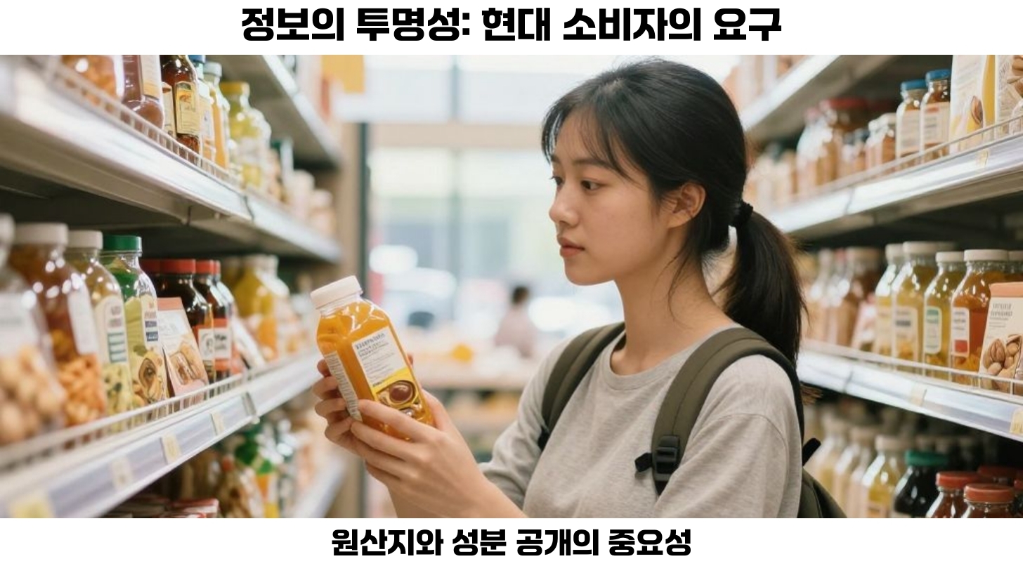 첫번째, 현대 소비자들은 원산지, 성분, 제조사 등의 정보 투명성을 중요하게 생각한다. 두번째, 한국의 농식품 원산지 표시제는 제품의 원산지를 명확하게 규정하고 있다. 세번째, 디지털 추적 기술이 발전하면서 소비자들은 QR 코드를 스캔하여 원산지와 성분 정보를 보다 쉽게 확인할 수 있게 되었다. 네번째, 클린라벨 인증 시스템은 성분의 원산지와 생산 과정을 공개하여 소비자에게 신뢰를 준다.