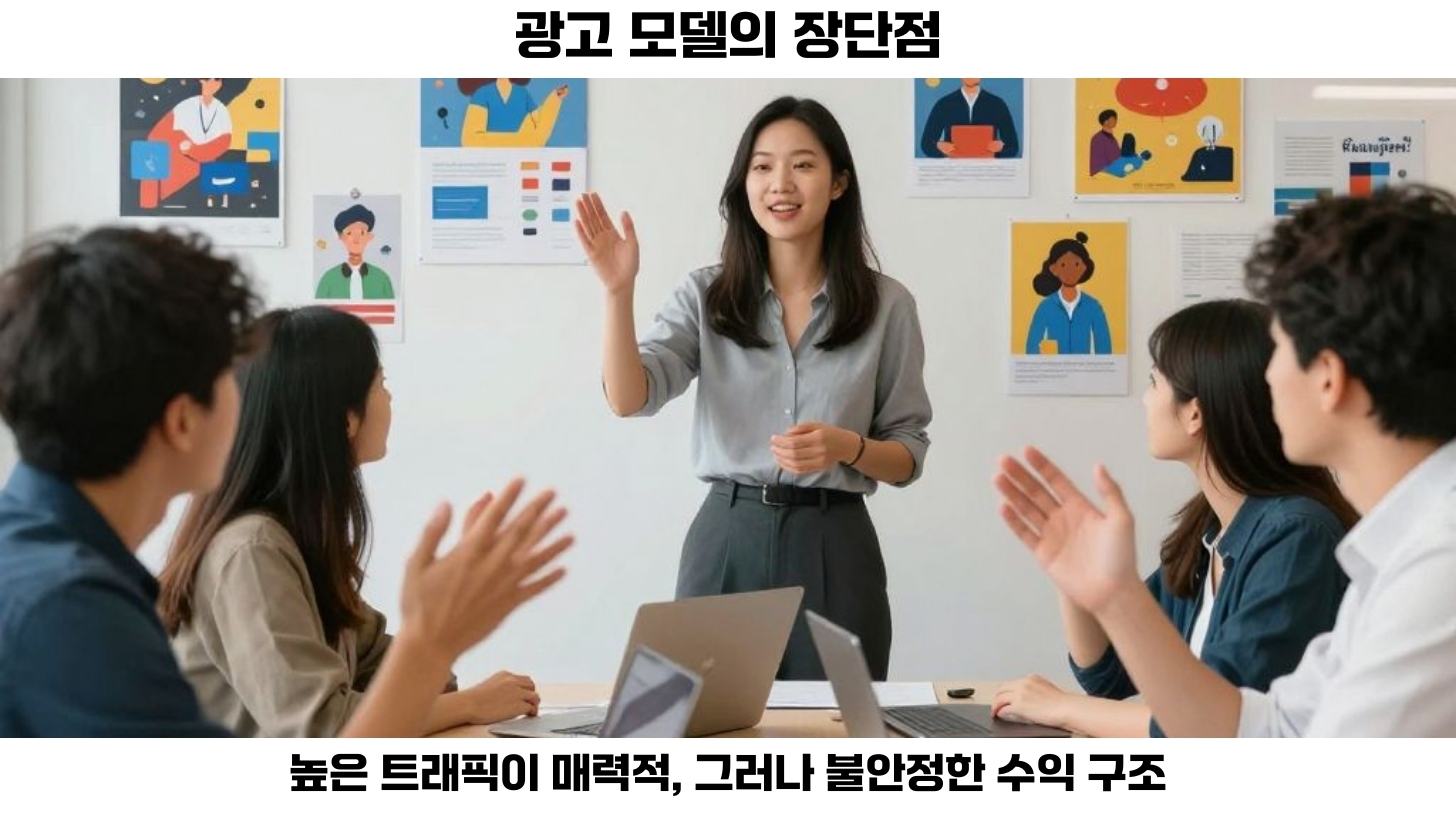 광고 모델은 많은 사용자와 높은 트래픽을 통해 수익을 창출합니다.