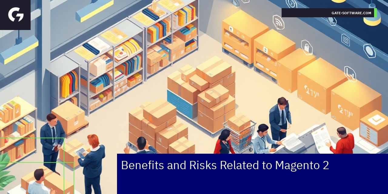 Magento 2 Benefits and Risks for B2B Stores Diagram illustrating Magento 2 benefits and risks