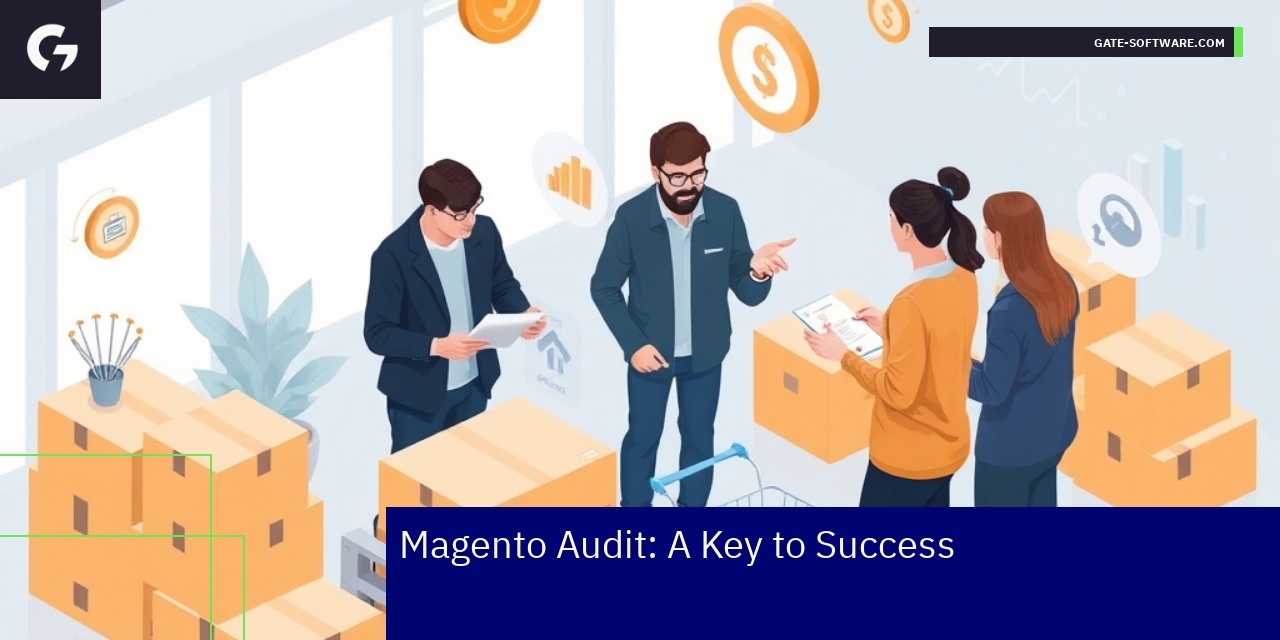 Charts and icons showing Magento audit improvements