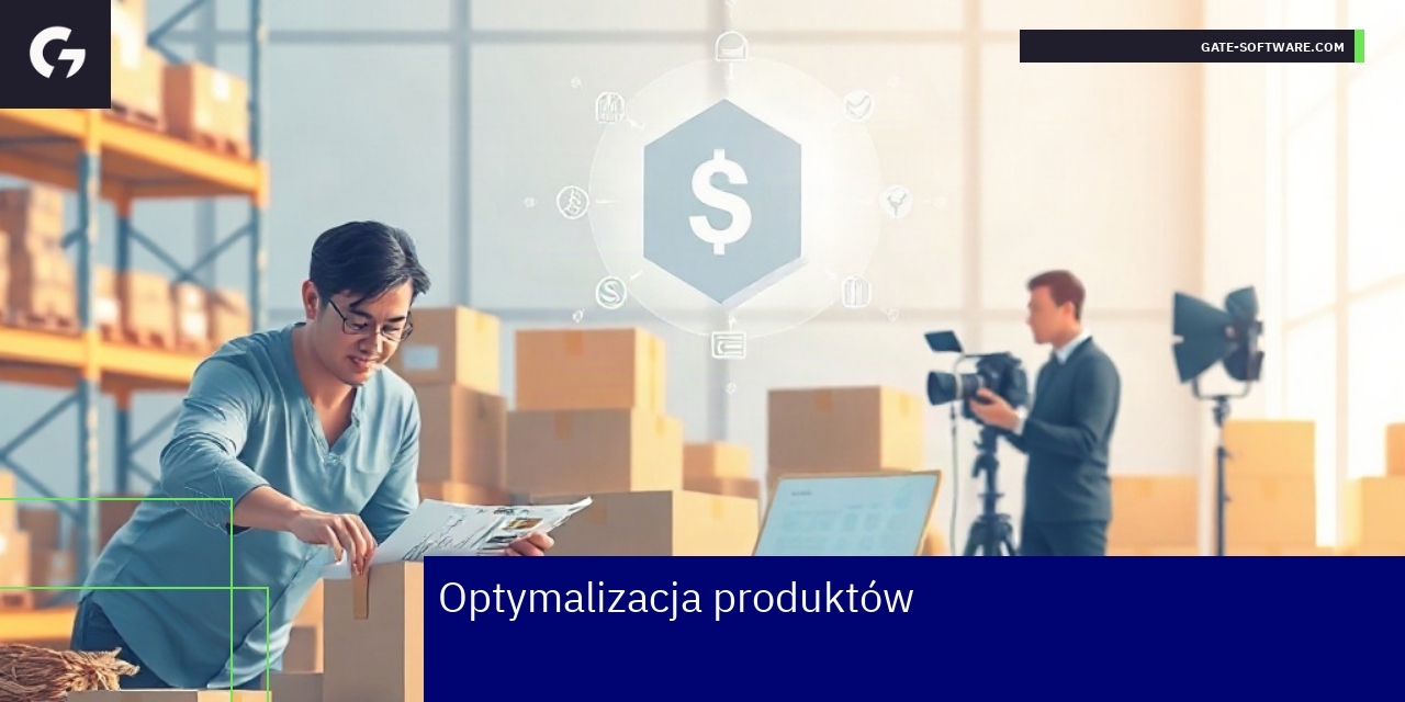 Kluczowe aspekty optymalizacji produktów e-commerce Ekran z e-commerce i ikonami optymalizacji produktów