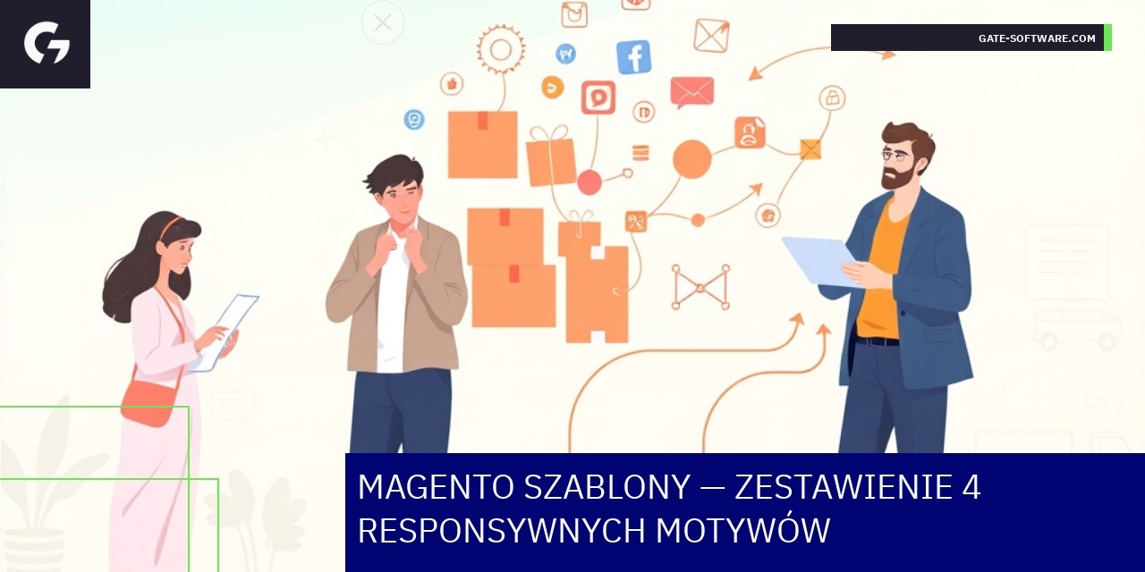 Porównanie 4 responsywnych szablonów Magento Grafika prezentująca trzy szablony Magento i ich funkcje