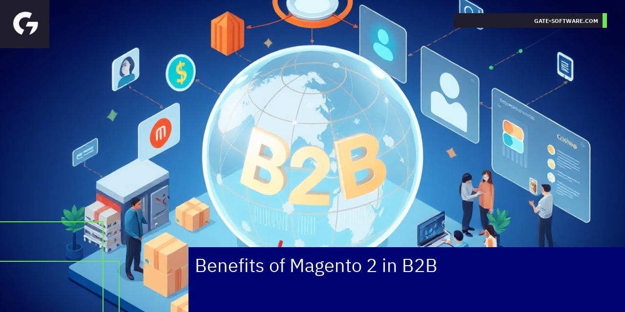 Graphic showing Magento 2 B2B features and benefits