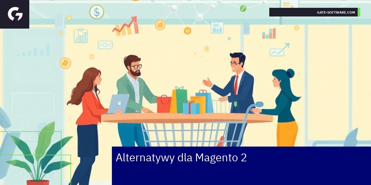 Alternatywne platformy e-commerce dla Magento 2 Logotypy WooCommerce, Shopify i PrestaShop na tle