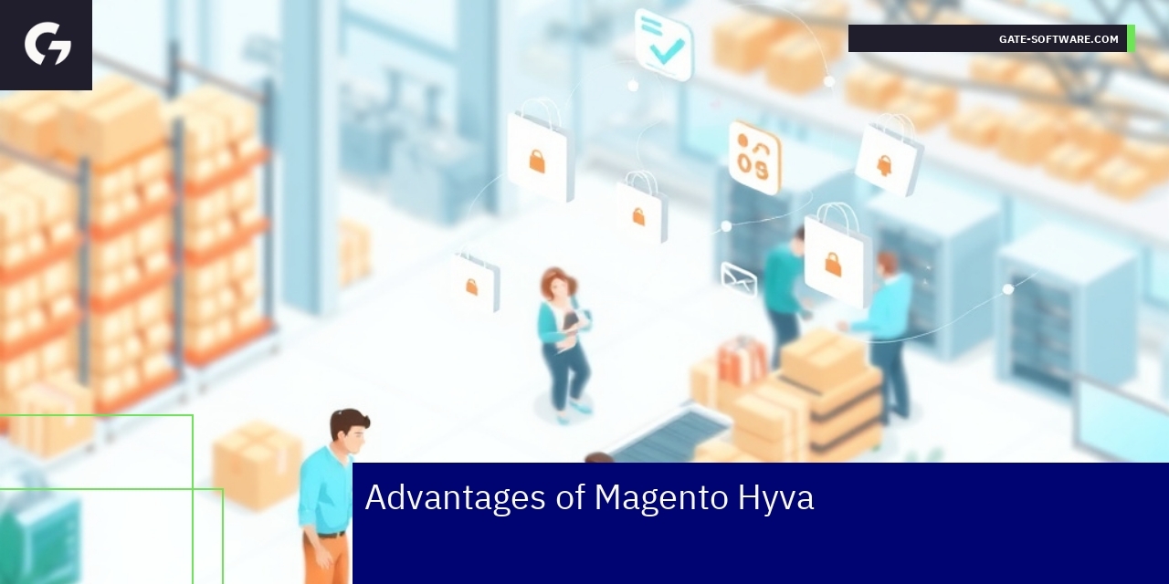 Magento Hyva logo with performance and integration icons