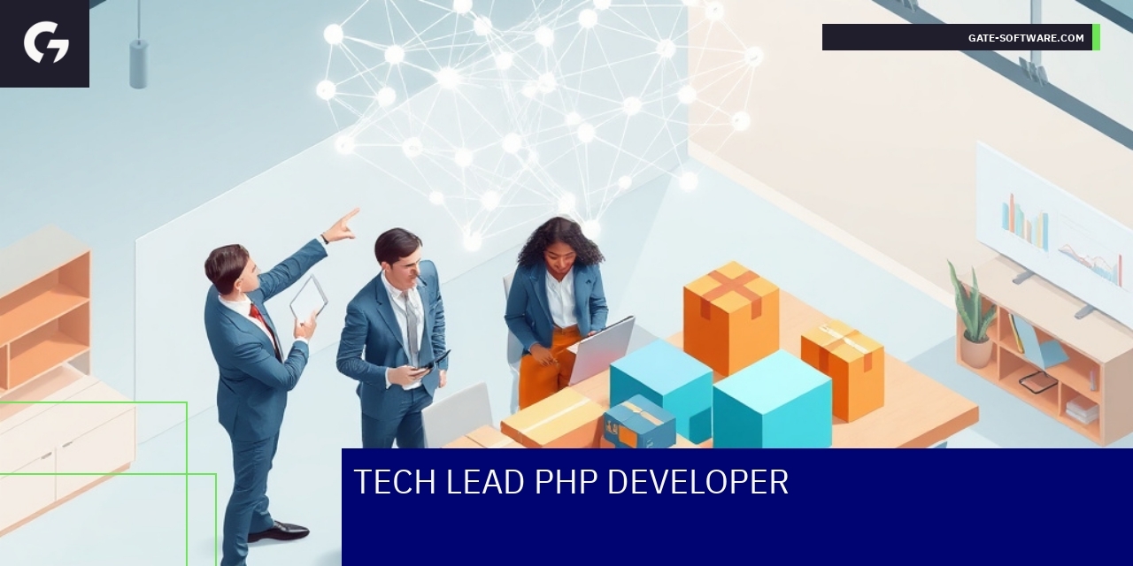 Programista TYPO PHP z laptopem i zespołem
