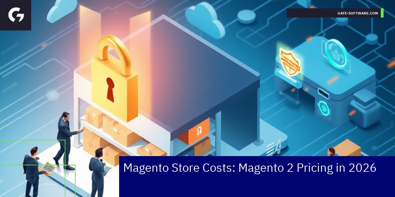 Magento 2 logo with security and cost icons