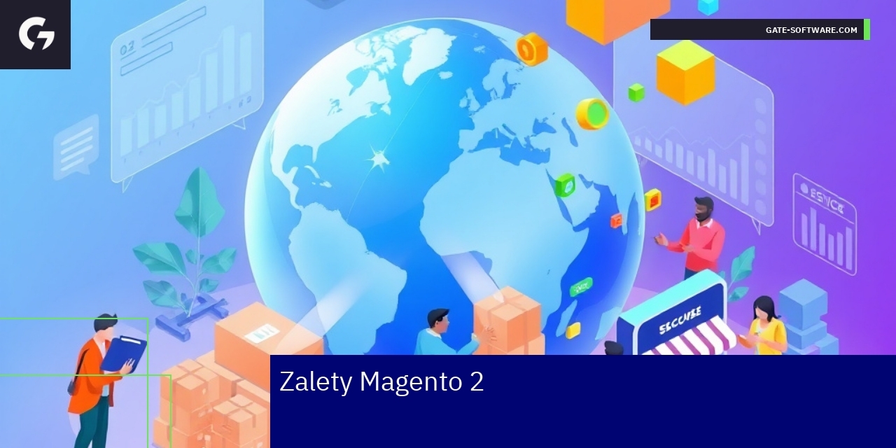 Kluczowe zalety platformy Magento 2 w e-commerce Schemat przedstawiający zalety Magento 2 w sklepie internetowym