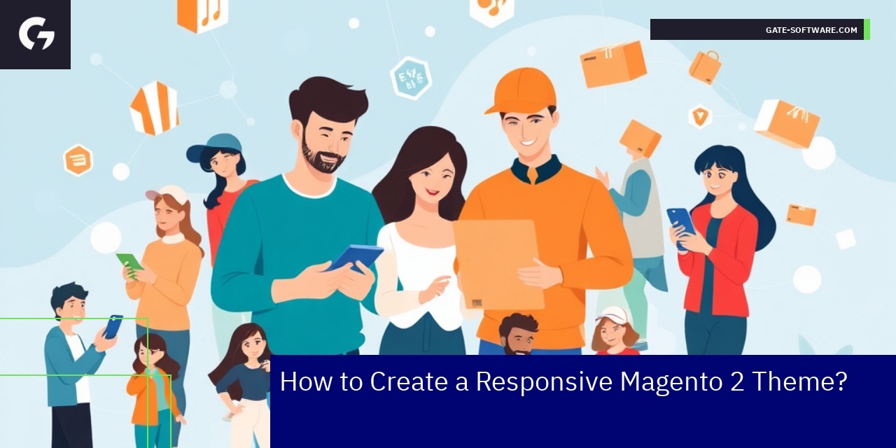 Mobile devices displaying responsive Magento 2 theme interface
