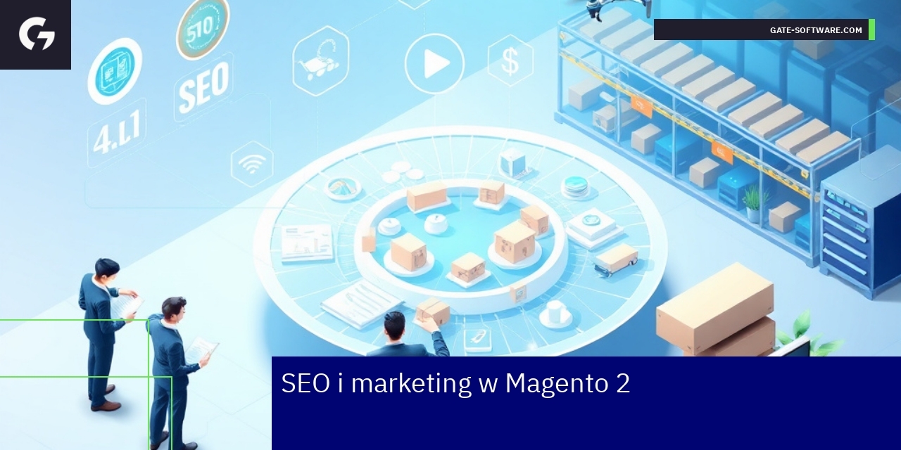 Schemat platformy Magento 2 z elementami SEO i marketingu