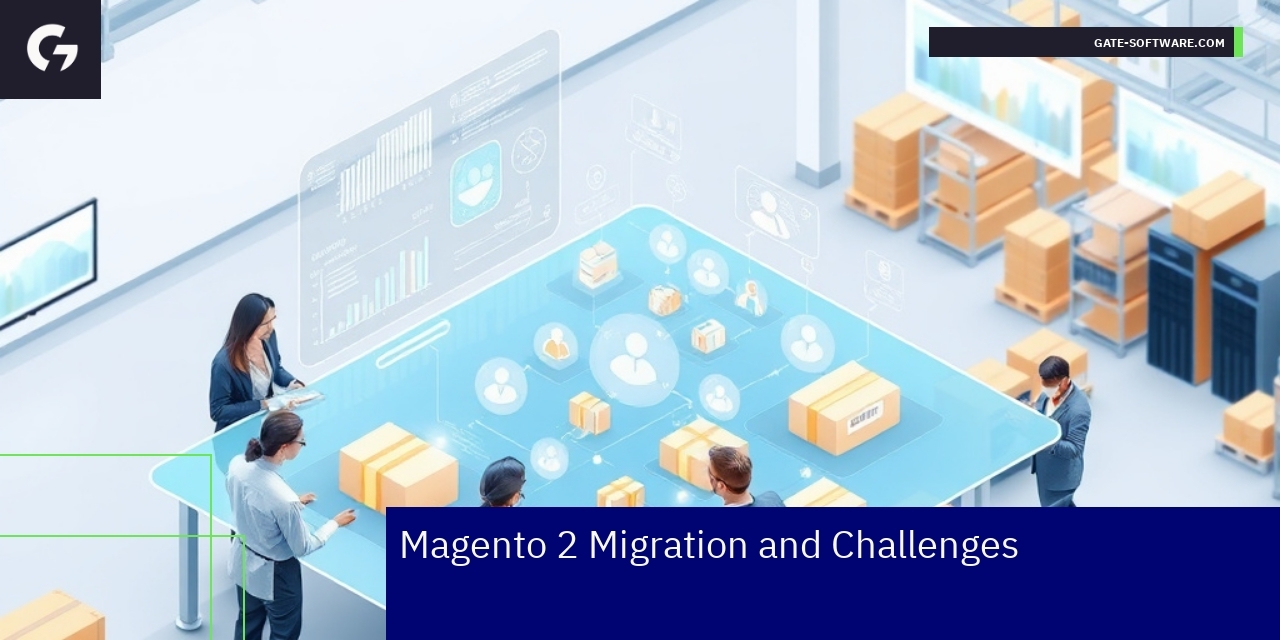 Magento 2 B2B Migration Challenges and Solutions Illustration of Magento 2 migration and B2B performance metrics