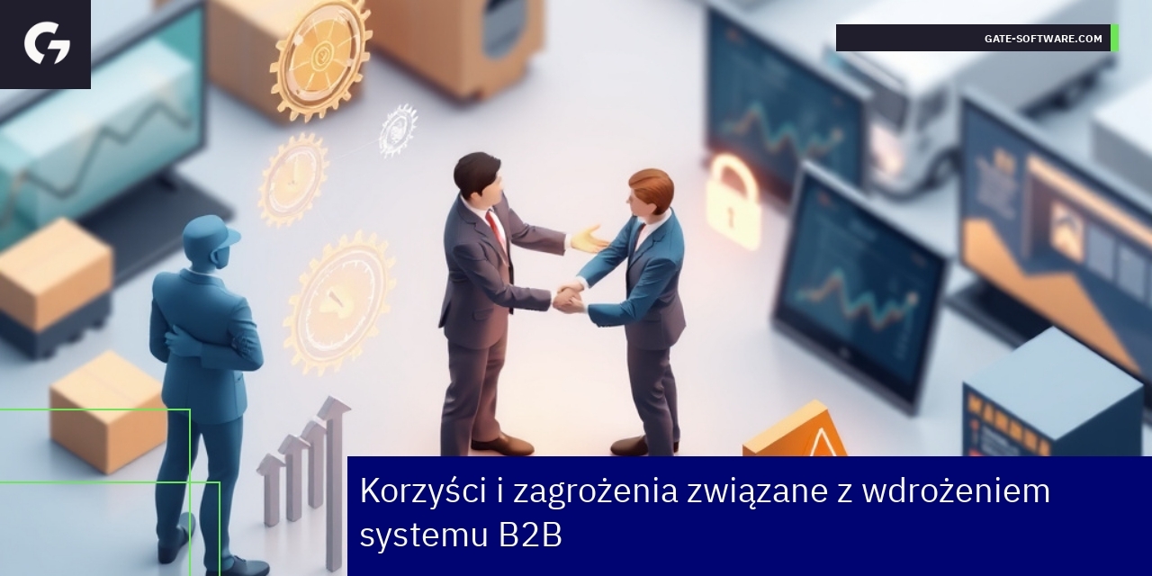 Korzyści i zagrożenia systemu B2B w firmie Diagram pokazujący korzyści i ryzyka systemu B2B