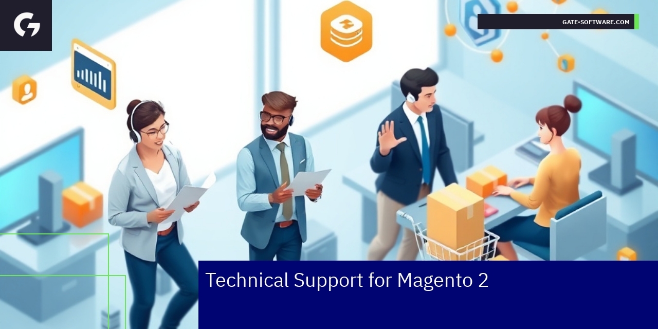 Technical Support Enhancements for Magento 2 Icons representing invoice, status update, and CRM integration