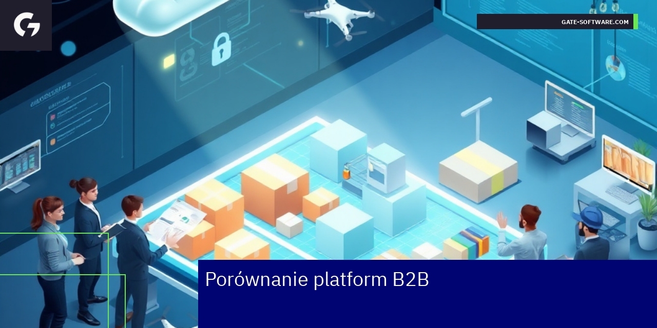 Porównanie i cechy platform B2B dla biznesu Schemat platform B2B z ikonami i funkcjami