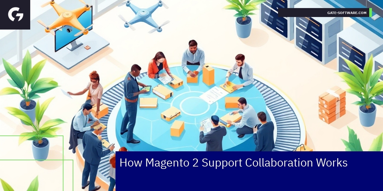 Magento 2 Support Collaboration Overview Team collaborating on Magento 2 support solutions