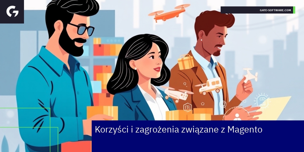 Ilustracja korzyści i zagrożeń Magento w e-commerce