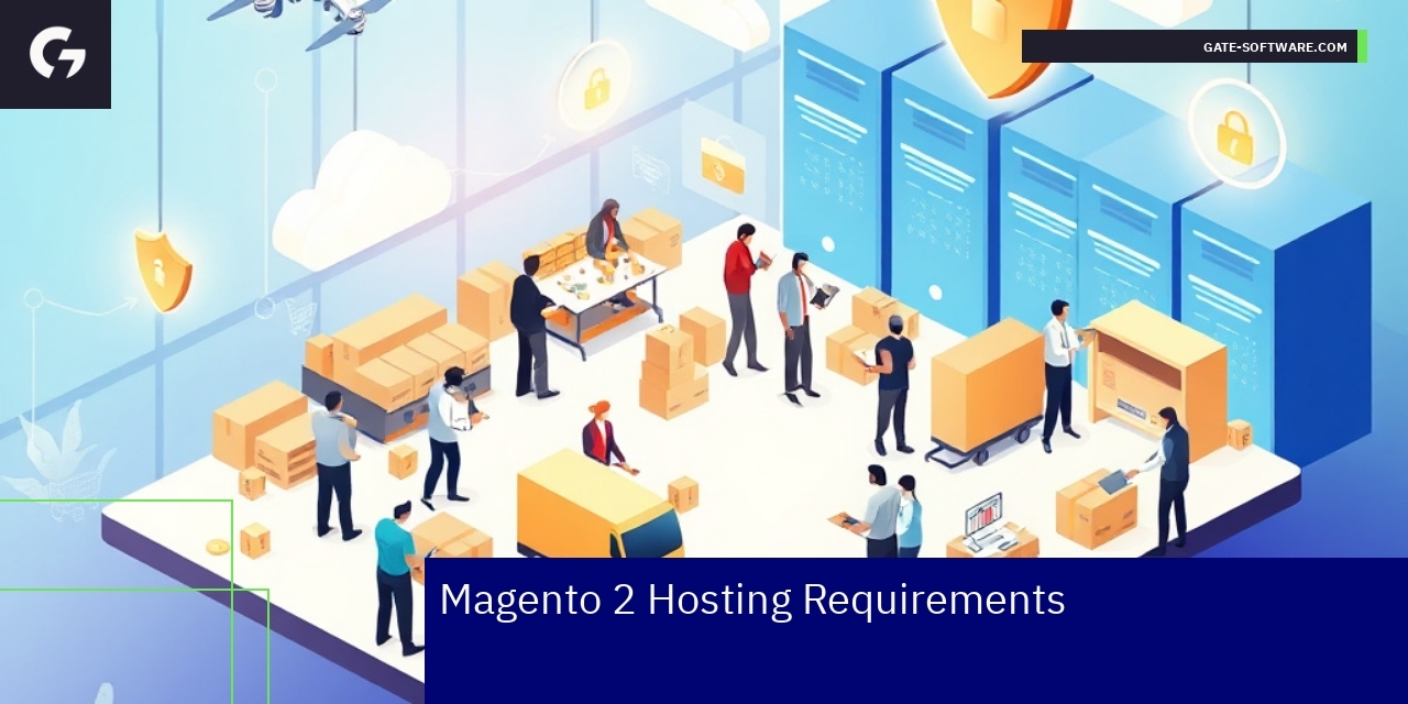 Server infrastructure with Magento and security icons