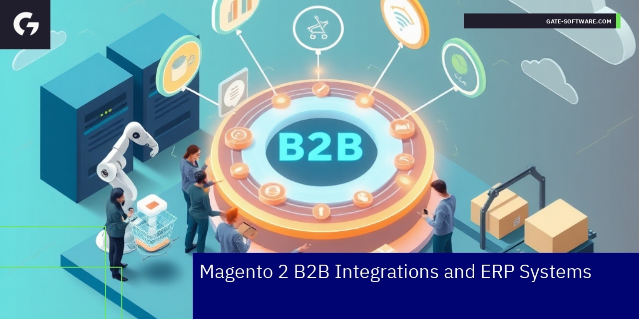 Magento 2 B2B ERP Integration Benefits and Examples Diagram showing Magento 2 ERP integration and business growth