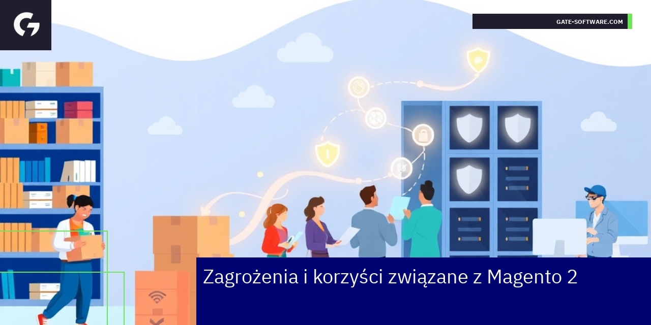 Schemat platformy Magento 2 z ikonami zagrożeń i korzyści
