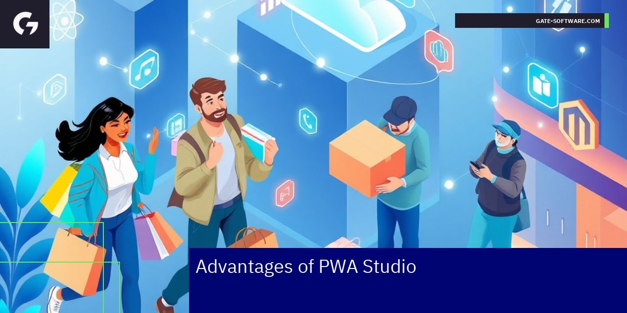 PWA Studio Benefits for Hyva eCommerce Illustration of mobile app-like eCommerce store features