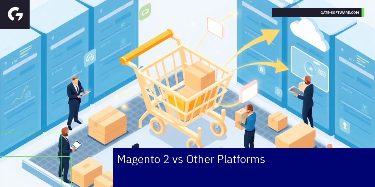 Magento 2 Compared to Other E-commerce Platforms Diagram comparing Magento 2 WooCommerce Shopify features