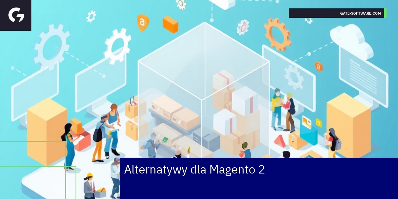 Alternatywne platformy e-commerce dla Magento 2 Logotypy Magento 2, WooCommerce i Shopify na tle