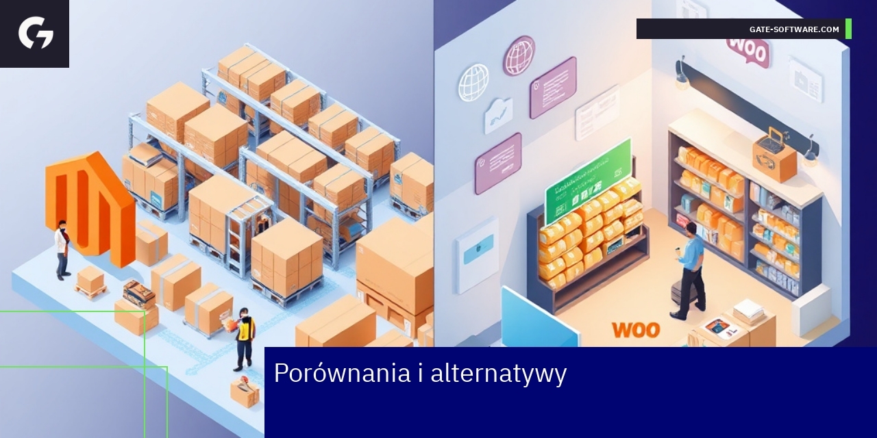 Porównanie platform Magento i WooCommerce Ikony Magento i WooCommerce z symbolami e-commerce