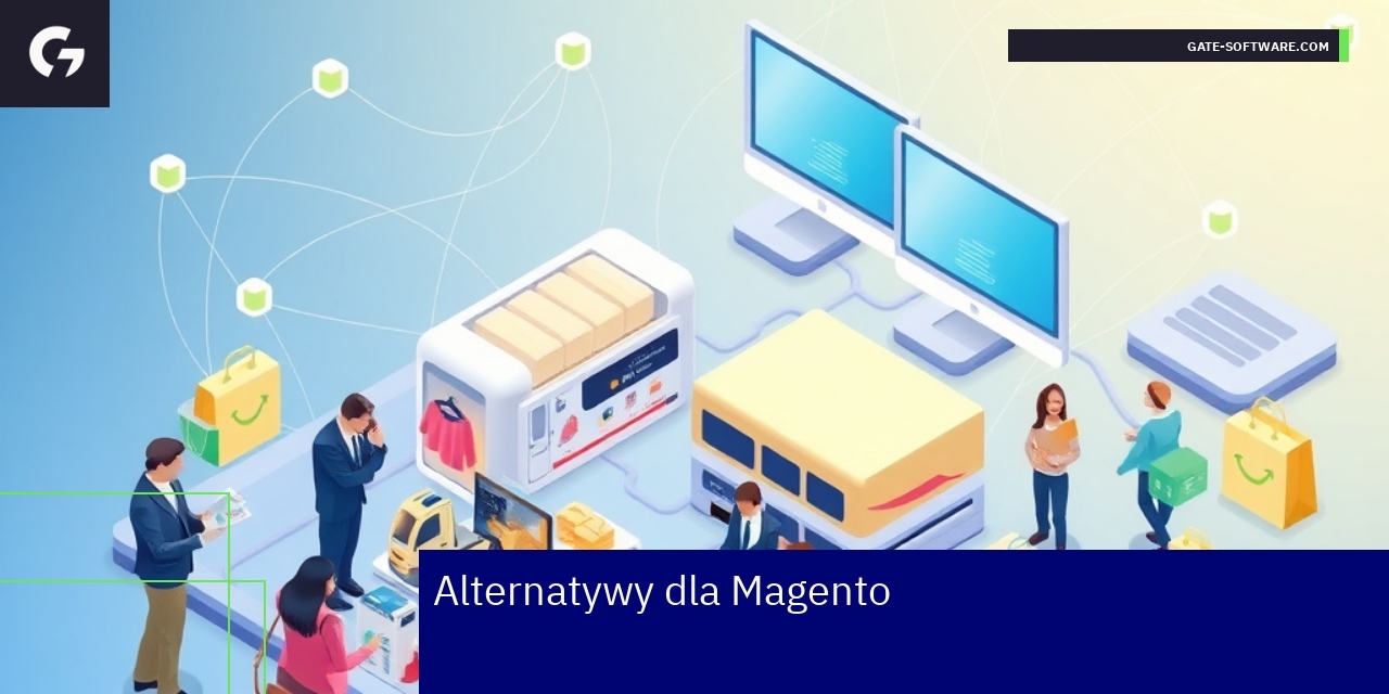 Alternatywne platformy e-commerce dla Magento Logotypy Shopify, WooCommerce i PrestaShop obok Magento