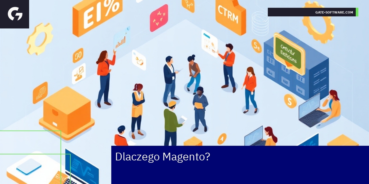 Korzyści z korzystania z Magento dla firm Ekran laptopa z wykresami i ikonami systemów