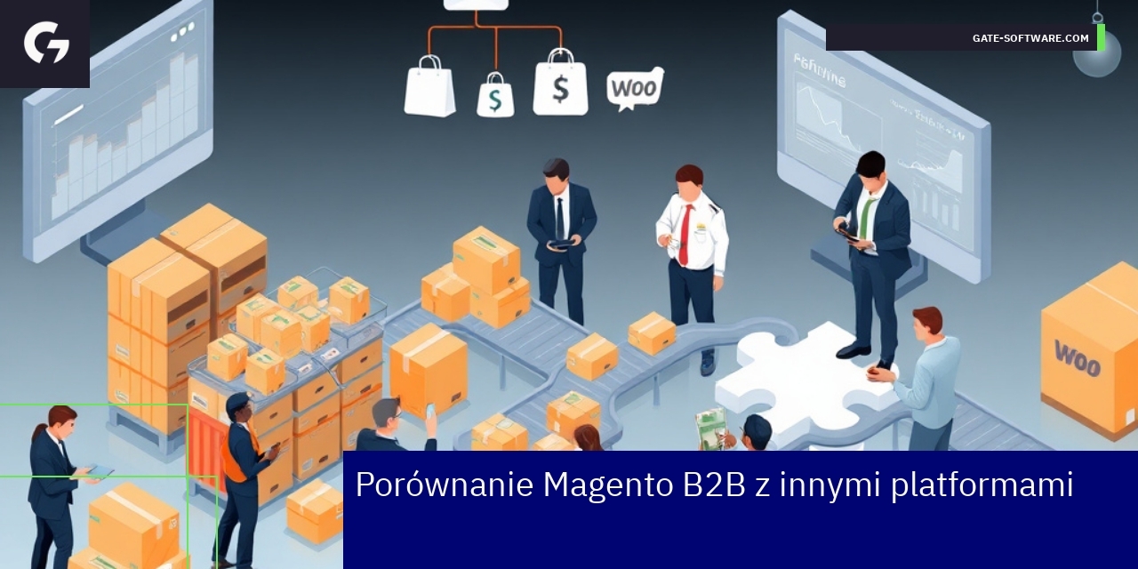 Logotypy Magento, Shopify i WooCommerce na tle biznesu
