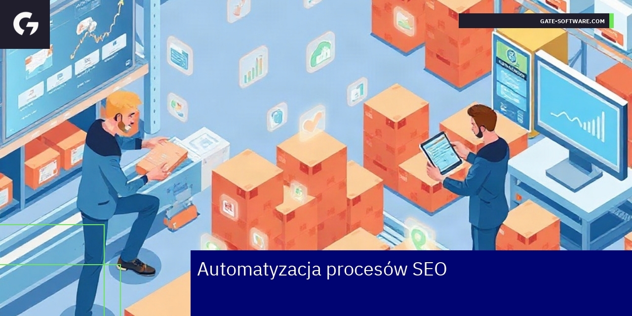 Automatyzacja procesów SEO w e-commerce Schemat automatyzacji SEO z ikonami i strzałkami