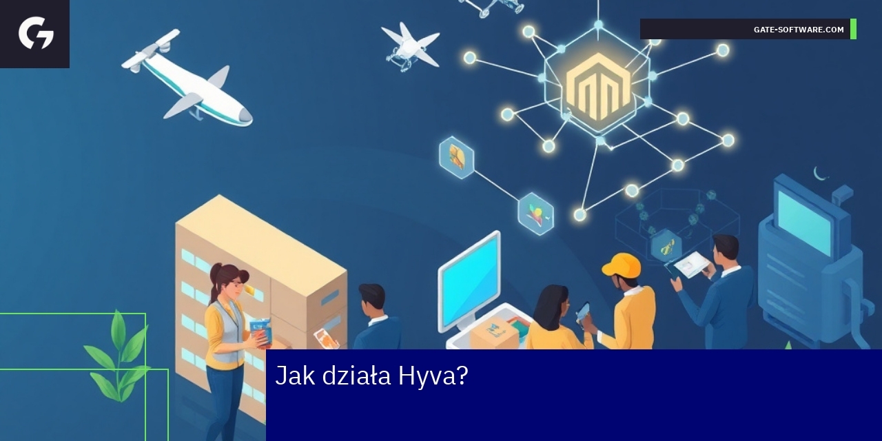 Innowacyjna architektura Hyva dla Magento Schemat architektury Hyva na tle Magento
