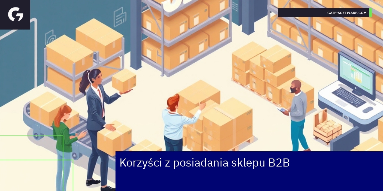 Korzyści i rozwój sklepu B2B dla firm Biznesowa prezentacja z wykresami i ikonami B2B