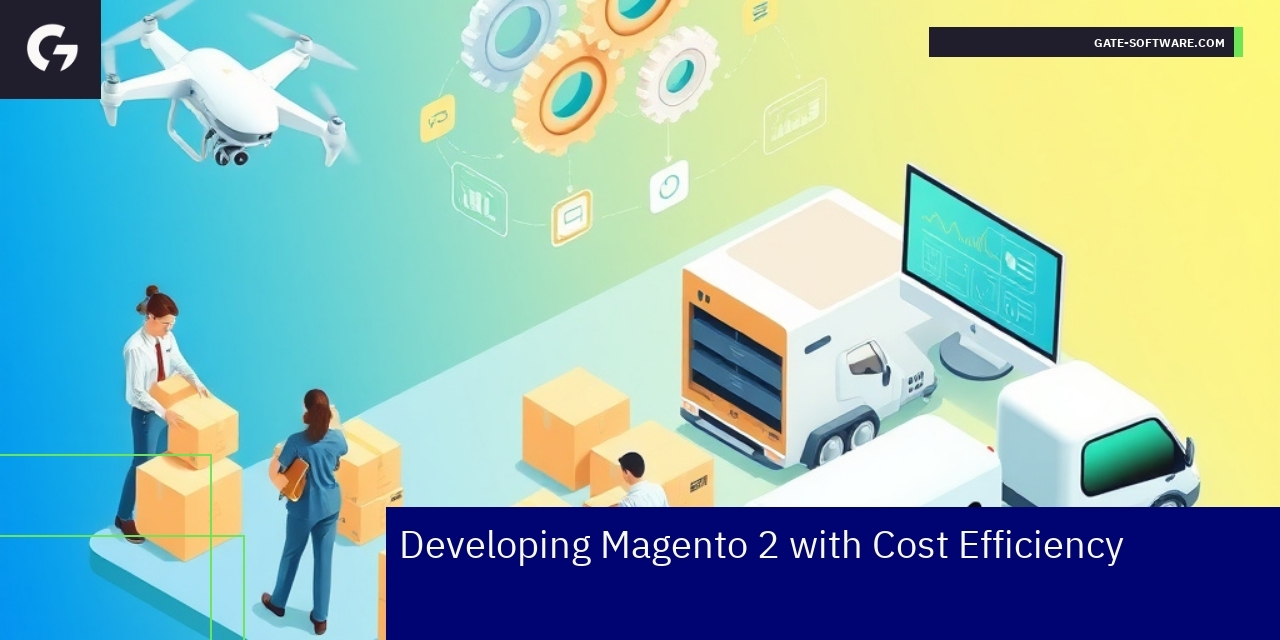 Magento 2 development with charts and gears icons