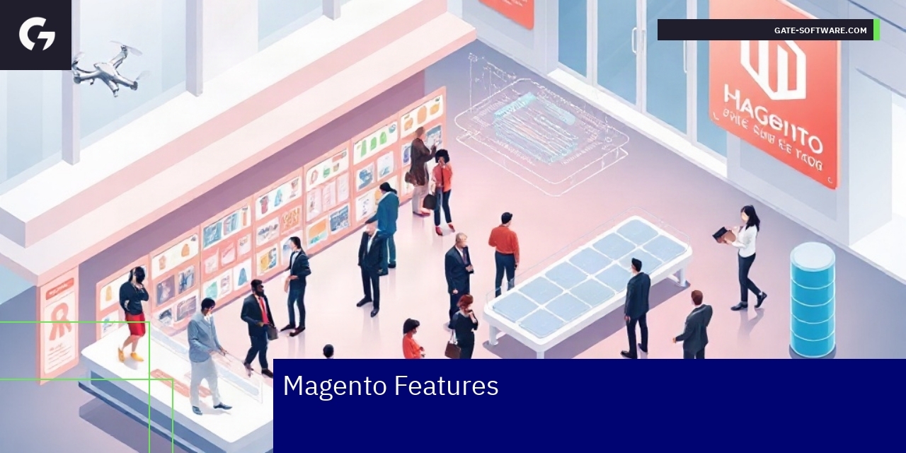 Magento Features Enhanced by Hyva Themes Illustration of Magento with Hyva Themes benefits