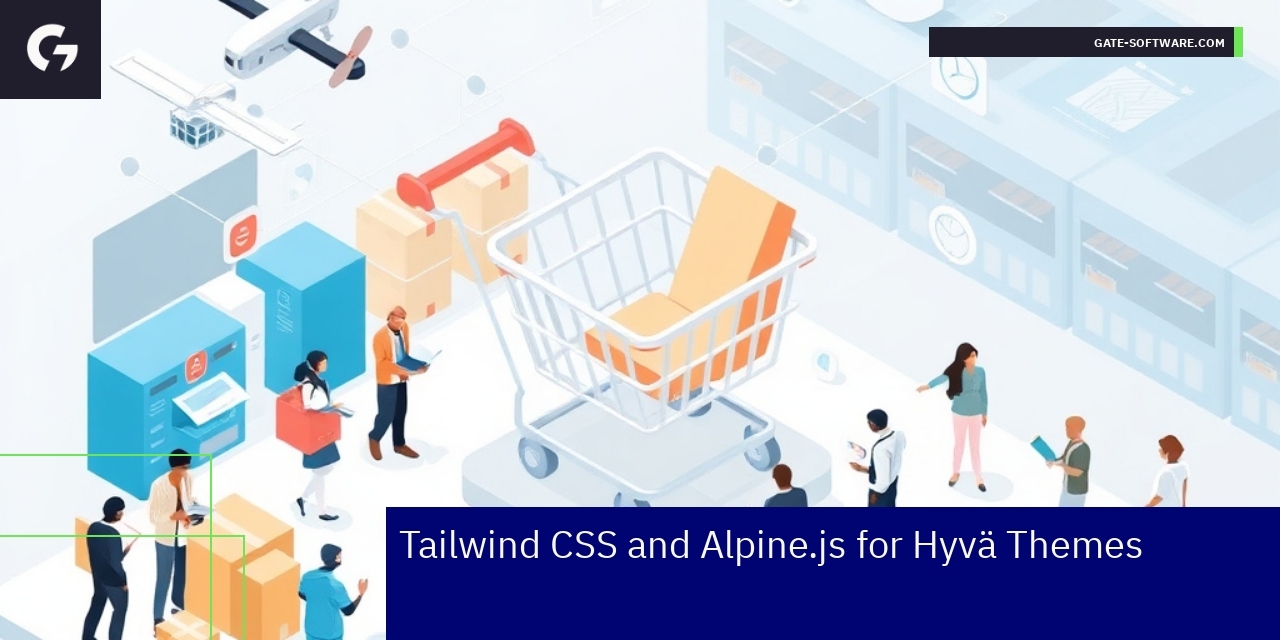 Stylized code and icons representing Tailwind CSS and Alpine.js