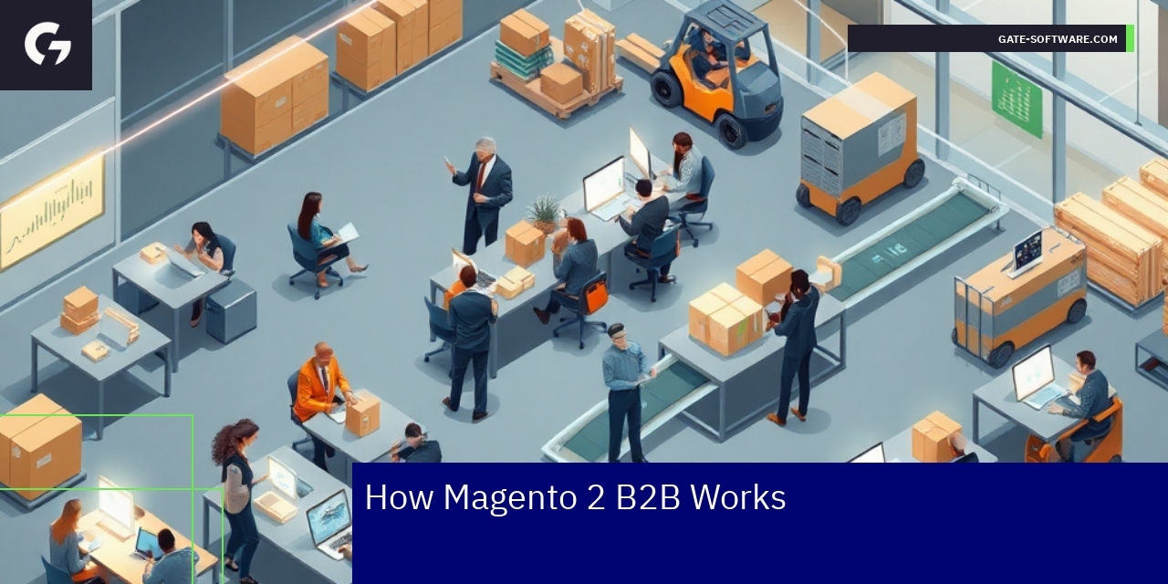 Magento 2 B2B E-commerce Platform Features Diagram showing Magento 2 B2B platform components