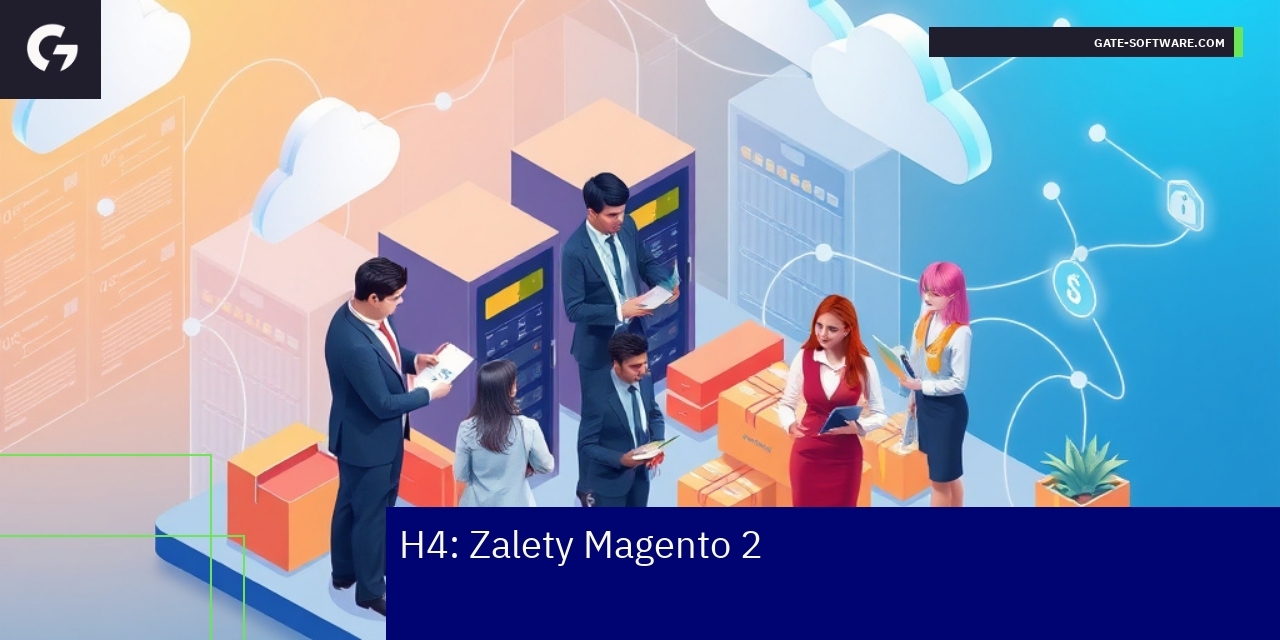 Ikony zalet Magento 2 na tle cyfrowym