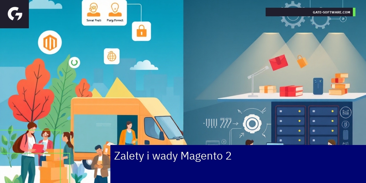 Schemat przedstawiający plusy i minusy Magento 2