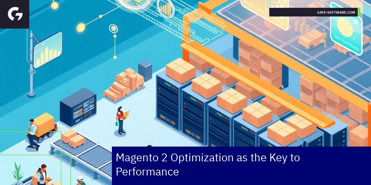 Laptop with Magento 2 optimization icons and speed charts