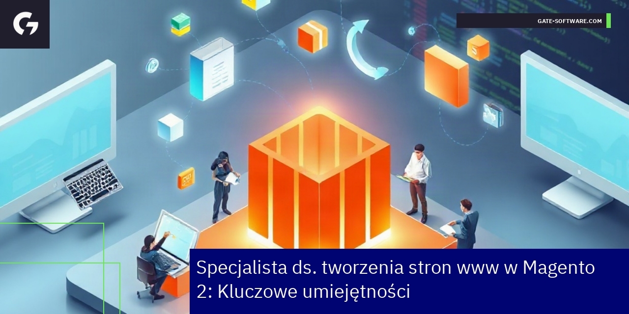 Specjalista Magento 2 kluczowe umiejętności i zadania Specjalista pracujący nad stroną Magento 2 na laptopie