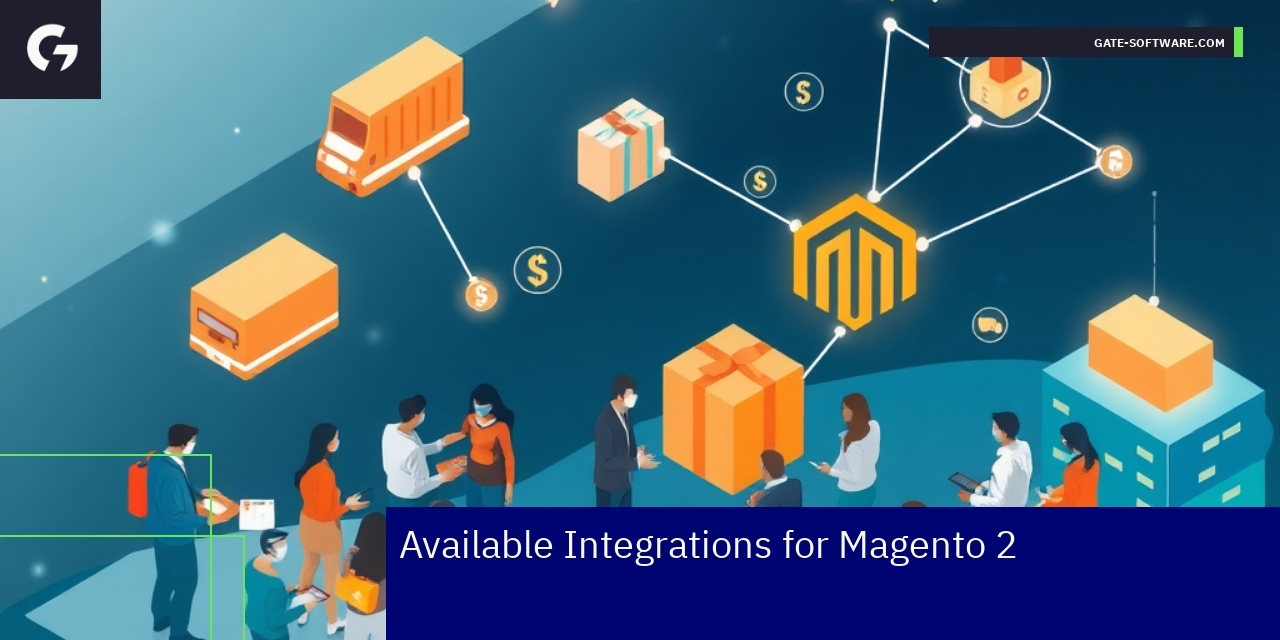 Magento 2 Key Integrations Overview Icons representing payment, shipping, and ERP CRM systems