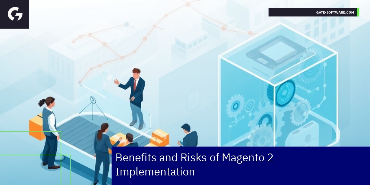 Magento 2 platform interface with charts and settings